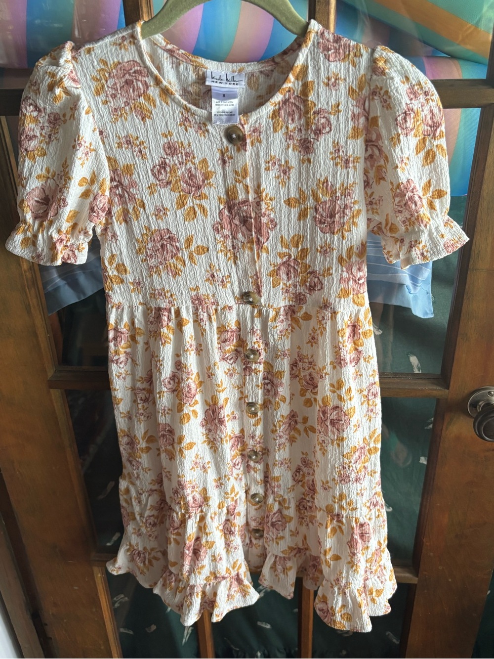 Nicole Miller White Dress with Pink Floral and Mustard Leaves